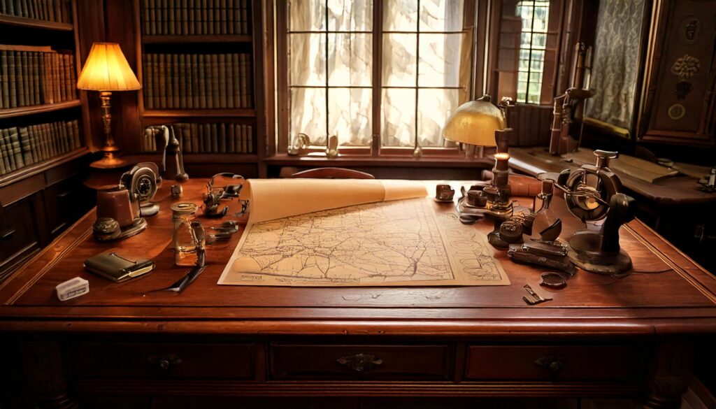 an personal office from the 1850s with map making tools on the desk