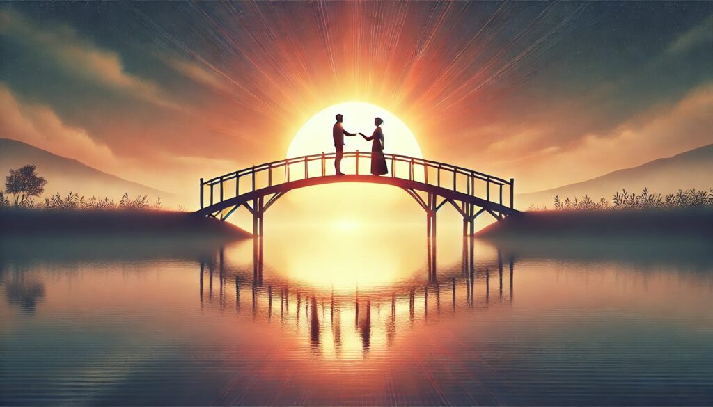 a silhouette of two people standing on a bridge in front of a sunset