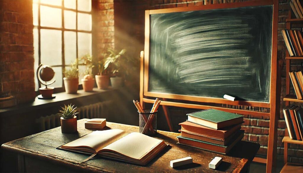 a classroom with a blank chalkboard