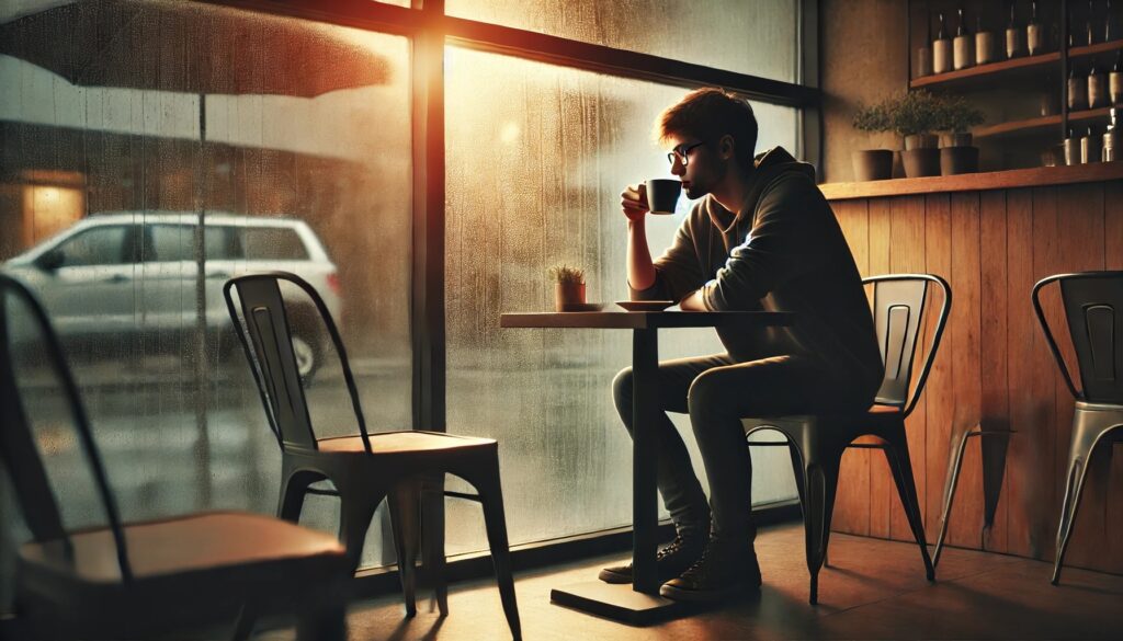 image of a man sitting along in a coffee shop.