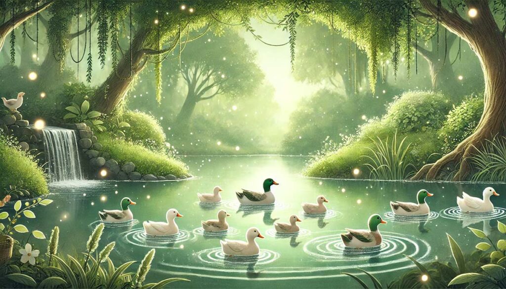 cartoon image of 10 ducks swimming on a pond