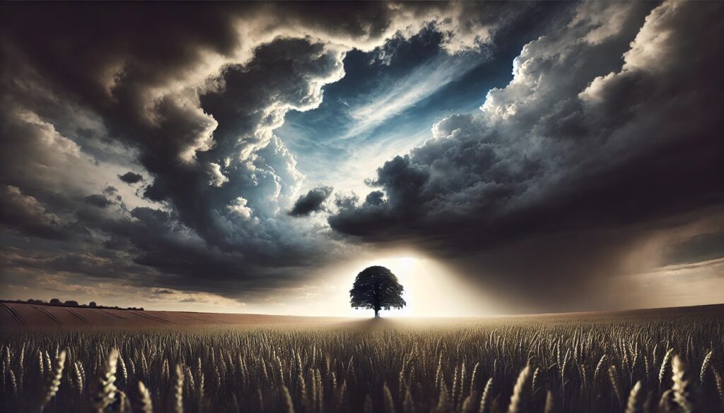 Lone tree standing in a field during a storm.