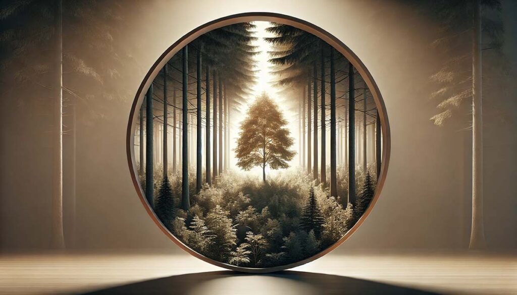 a forest being reflected in a mirror
