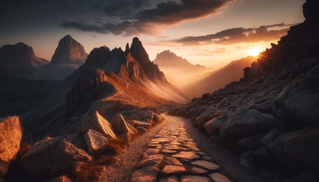 a path snaking through rugged mountains