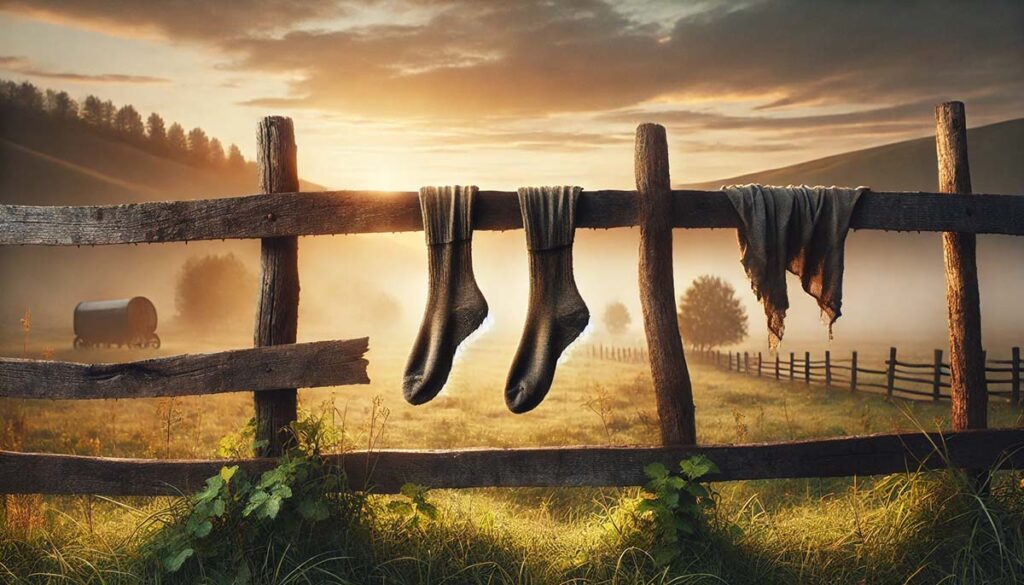 dirty, wet socks and underwear drying on a rustic wooden fence