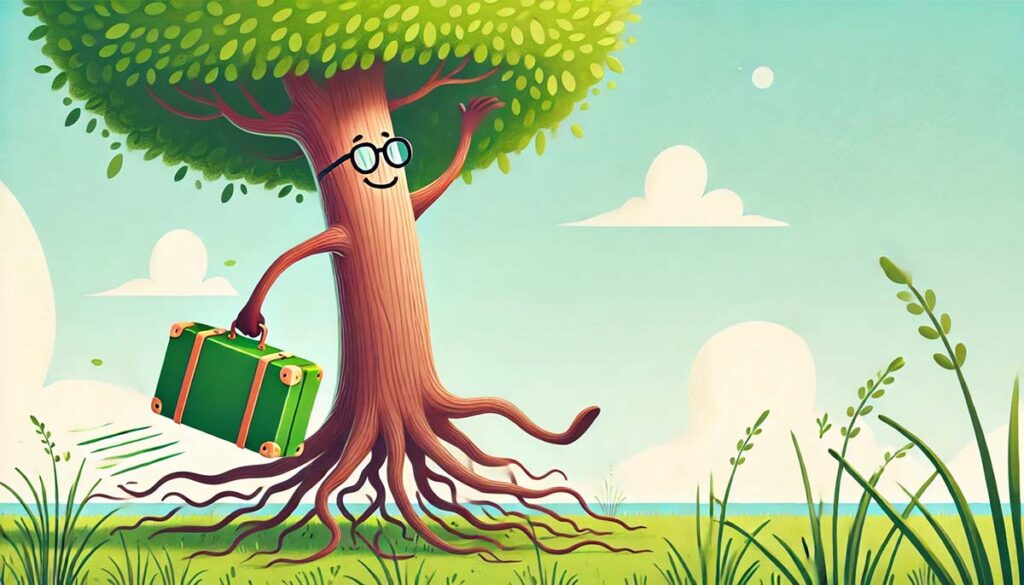 Cartoon image of a tree taking a walk with a suitcase.