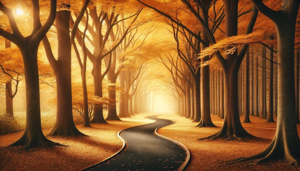 a winding path through a golden forest