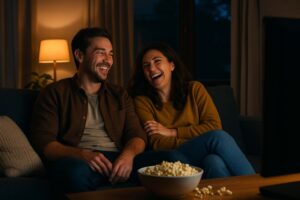 A cozy living room at dusk, warm TV glow, two friends laughing on a couch, and a bowl of popcorn—capturing the spirit of friendship and shared moments.
