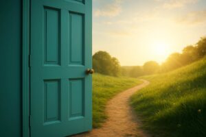 A colorful open door leading into a bright, sunlit path symbolizing new beginnings.