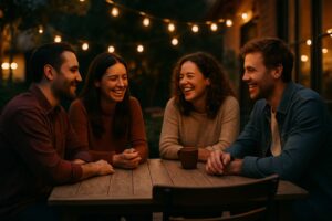 Four friends laugh around a rustic outdoor table at dusk, with string lights and warm, inviting energy—capturing gratitude for friendship.