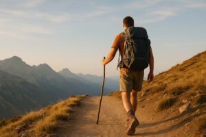 a traveler wandering down a trail