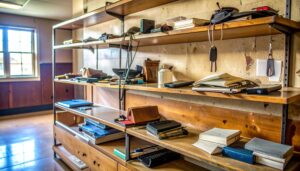 A dusty lost-and-found shelf with scattered personal items like phones, keys, and notebooks in a small-town police station, evoking themes of memory, recovery, and loss.