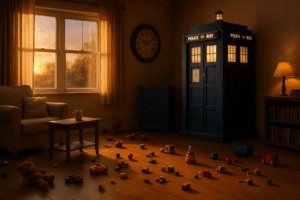 Lived-in living room at dusk, showing the gentle chaos of family life and a playful nod to time travel with a blue police box.