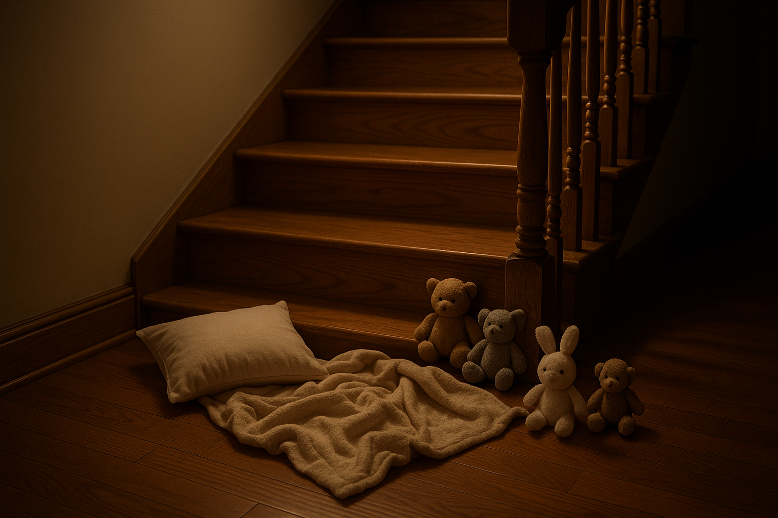 bedtime - Low Two Pair A quiet staircase at night with a childâs pillow and stuffed animals left behind, suggesting a sneaky bedtime adventure.
