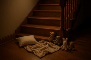 A quiet staircase at night with a child’s pillow and stuffed animals left behind, suggesting a sneaky bedtime adventure.