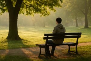 a person sitting alone on a park bench alone with their thoughts
