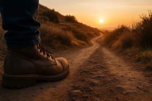 A lone hiking boot on a rugged trail at sunrise, symbolizing personal responsibility and the journey of self-growth.