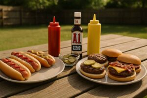 Picnic table with Hot Dogs, Hamburgers and condiments.