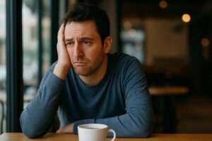 Person at a table with a tired expression, trying to stay calm during a frustrating conversation.