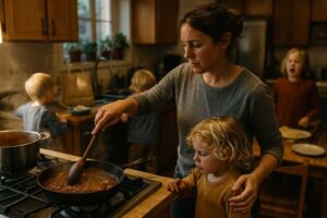 a mother cooking while the kids are screaming around her