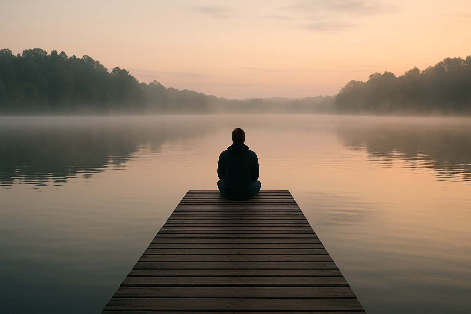 dock - Low Two Pair A peaceful lake at dawn with mist rising off the water and a person sitting on the dock, reflecting in solitude.