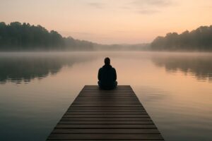 A peaceful lake at dawn with mist rising off the water and a person sitting on the dock, reflecting in solitude.