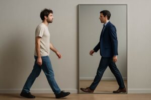 A symbolic image of inner duality, with a person’s reflection showing a different identity.