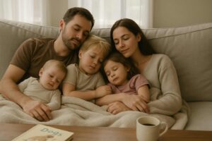 a family sleeping on the couch