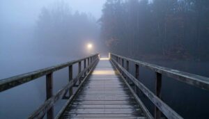A weathered wooden bridge disappearing into the mist, symbolizing choices and uncertain paths.