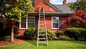a ladder leaning on the side of a brick house.