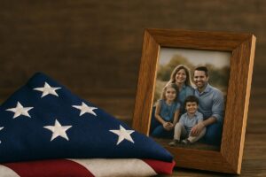 A folded American flag on a wooden table next to a family photo, symbolizing remembrance and quiet sacrifice.