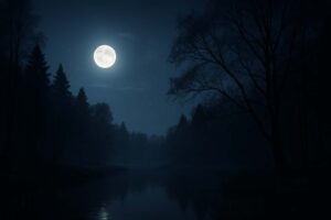 "A serene nighttime landscape under a glowing moon, surrounded by the quiet of nature."
