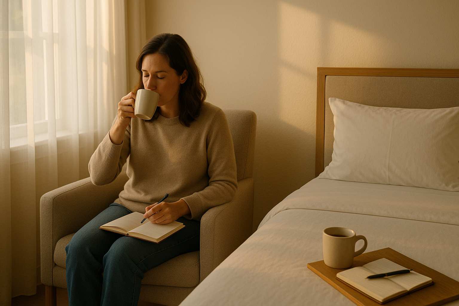 morning - Low Two Pair A freshly made bed in a sunlit room with a coffee mug and open notebook nearby, symbolizing calm, intention, and a focused morning routine.