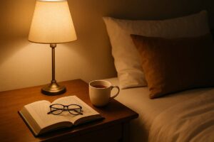 A cozy bedroom with warm lighting, a book, and tea on a nightstand, evoking calm and nighttime reflection.