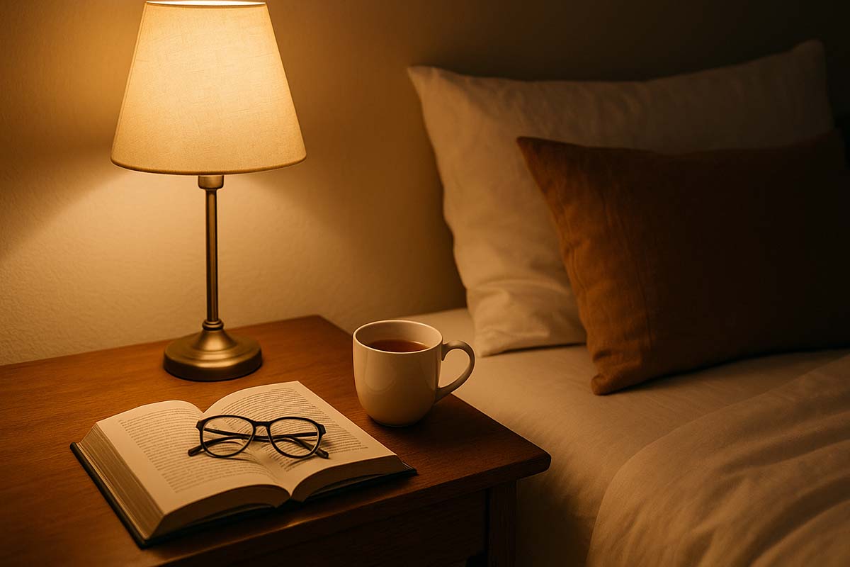 night-table - Low Two Pair A cozy bedroom with warm lighting, a book, and tea on a nightstand, evoking calm and nighttime reflection.