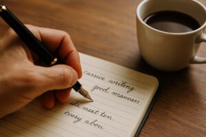 A hand writing in cursive with a fountain pen beside a coffee mug, evoking nostalgia and intention.