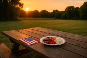 A half-empty picnic table at sunset with a solo plate of food and a folded American flag napkin nearby.
