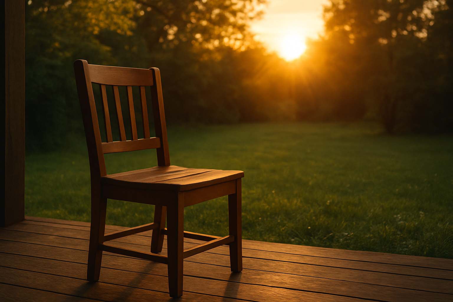 porch-chair - Low Two Pair An empty wooden chair facing a quiet backyard during sunset, symbolizing peace and solitude.