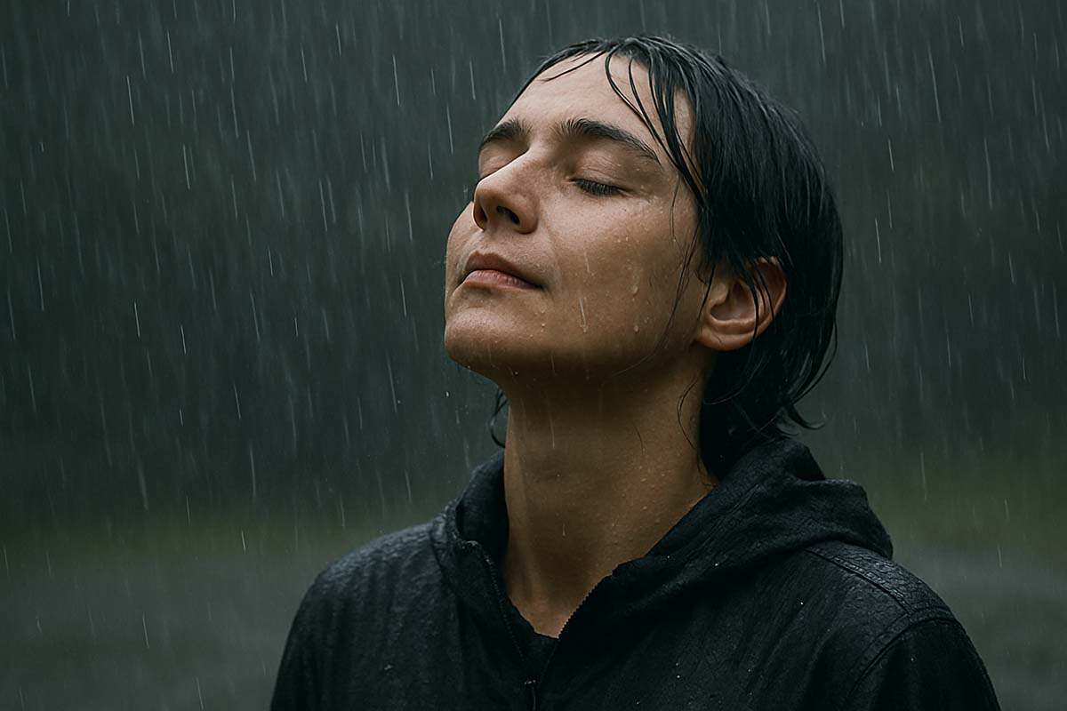 rain-1 - Low Two Pair A person stands in the rain, eyes closed, calmly embracing the downpour.