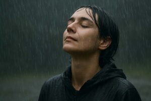 A person stands in the rain, eyes closed, calmly embracing the downpour.