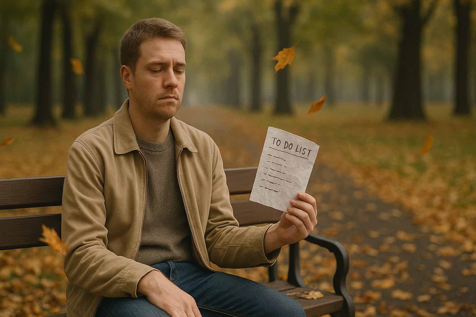 to-do - Low Two Pair a man sitting on a bench alone holding a to do list