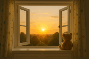 A hopeful sunrise seen through a child’s window, hinting at new beginnings