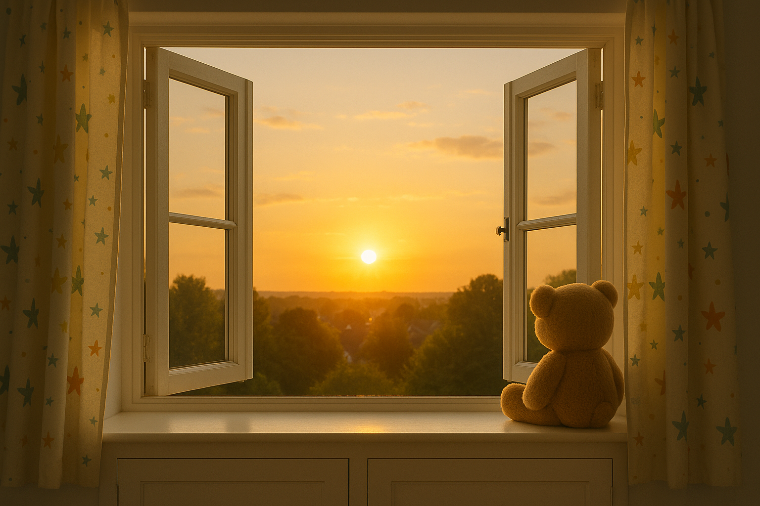 A hopeful sunrise seen through a child’s window, hinting at new beginnings