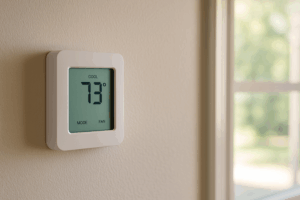 A home thermostat set to 73 degrees in summer with natural sunlight in the background.