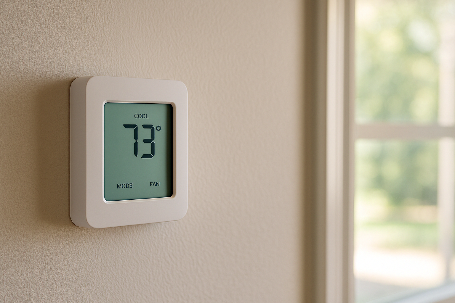 ChatGPT-Image-Jun-23-2025-at-09_29_29-PM - Low Two Pair A home thermostat set to 73 degrees in summer with natural sunlight in the background.