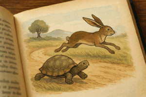Illustration of a tortoise and a hare from a classic fable, symbolizing the power of patience and the wisdom in stories.