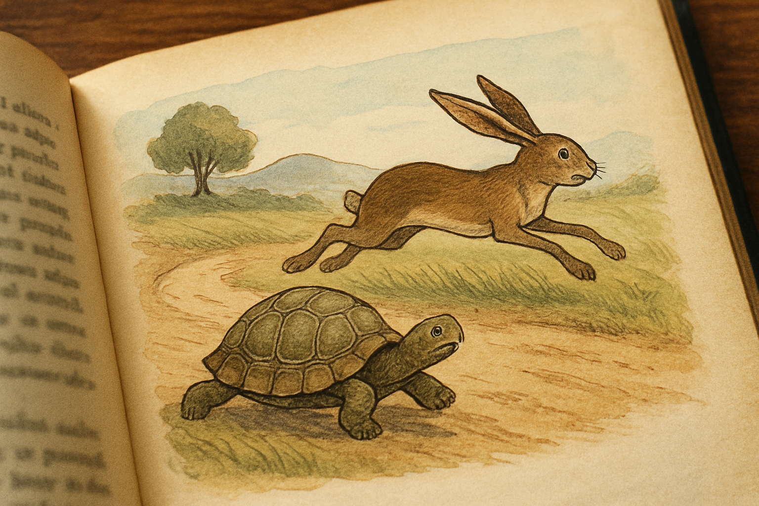 ChatGPT-Image-Jun-4-2025-at-08_17_44-PM - Low Two Pair Illustration of a tortoise and a hare from a classic fable, symbolizing the power of patience and the wisdom in stories.