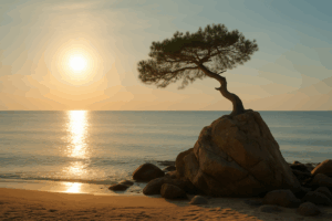 a tree growing out of a rock on the shore of an ocean
