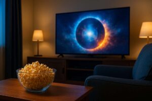 “A cozy living room with a TV glowing and a bowl of popcorn, perfect for guest-starring dreams.
