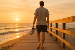 a person walking on a boardwalk along the beach